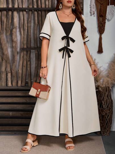 SHEIN 大码夏季休闲通勤撞色滚边系带连衣裙