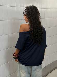 StreetHx 女士时尚藏蓝色斜肩印花T恤 - 藏蓝色 - 查看 3