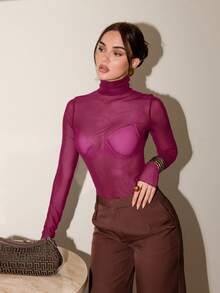 Bris Aura Women's Burgundy High Neck Long Sleeve Pullover, Elegant And Sophisticated Urban Casual Business Attire, Understated Luxury Style, High-Quality Office Wear, Versatile For All Seasons, Suitable For Parties, Christmas And More Sheer Long Sleeve Top Burgundy Blouse Wine Red Top Bell Sleeves Sheer Tops For Women Modern Urban Casual Fashion Business Casual Women's Office Wear Low-Key Old Money Style Effortless Temperament High-End Urban Commuting High-Quality Airport Women's Wear New Year Formal - Burgundy - View 6