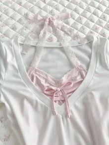 Elamini Camiseta ajustada de manga corta con volantes, parches de color contrastante y lazo, de canalé blanco, para mujer, para primavera/verano, uso diario, oficina minimalista, elegante y versátil - Blanco - Ver 4