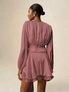 Vesra Gaun Mini Elegan Wanita Warna Aprikot dengan Tali Pengikat, Lengan Panjang, dan Hem Berumbai - Rose Red - View 2