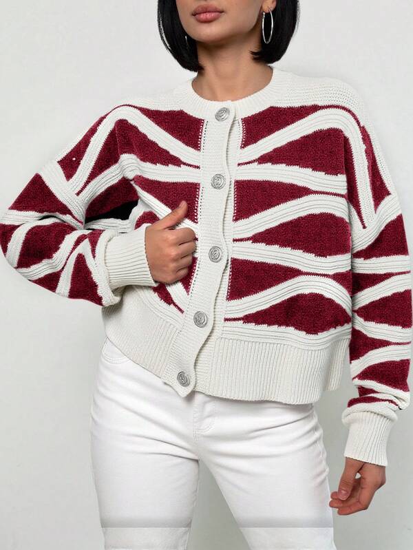 EURMUSE Women's Colorblock Pattern Long Sleeve Cardigan