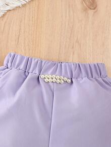 SHEIN Elladie kids 3pcs Young Girls Pink Blazer, Camisole, And Pearl Shorts Set, Casual Elegant Summer Outfit Girls Blazer Set Shorts Suit For Girls Tweens Dress Blazer Set - Purple - View 5