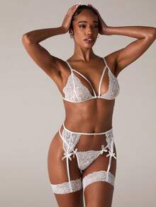 SHEIN BAE 女士性感蕾丝透明蝴蝶结装饰外出内衣套装 - 白色 - 查看 7