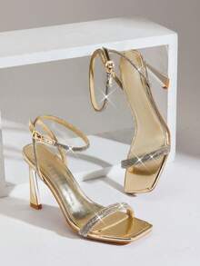 SHUZIA Giày sandal cao gót mũi nhọn quai ngang mắt cá chân bằng vải lấp lấp lánh thanh lịch dành cho nữ. - Vàng - Xem 4