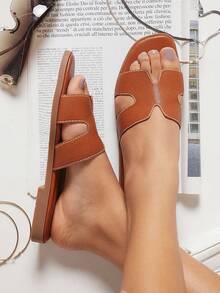 SHUZIA Women Shoes Minimalist Open Toe Thin Flat Bottom Everyday Basic Slip-On Slippers PU Tan Sliders - Brown - View 4