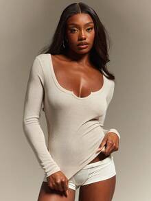 Hauture Maglietta a maniche lunghe da donna casual, slim fit, tinta unita - Albicocca - Visualizzare 1