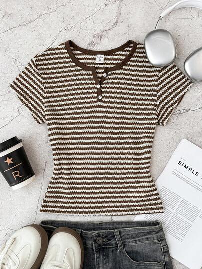 SHEIN Teen Girls' Casual Striped Round Neck Short Sleeve T-Shirt, Coffee & White, Summer
