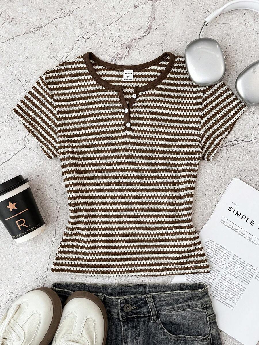 SHEIN Áo thun ngắn tay cổ tròn kẻ sọc dáng casual dành cho nữ tuổi teen, màu cà phê & trắng, mùa hè. - Cà phê nâu - Xem 1