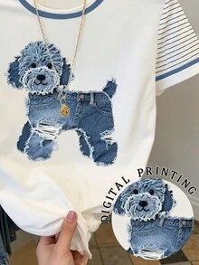 Resyla Camiseta casual de mujer de manga corta con cuello redondo y estampado de perro de dibujos animados - Blanco - Ver 5