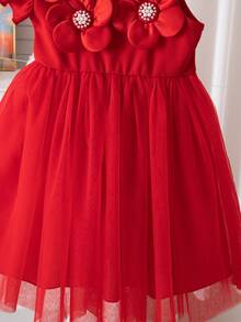 Vestido blanco para niñas con decoración floral 3D con cuentas, cintura ceñida en línea A, adecuado para fiesta de cumpleaños, verano - Rojo - Ver 3
