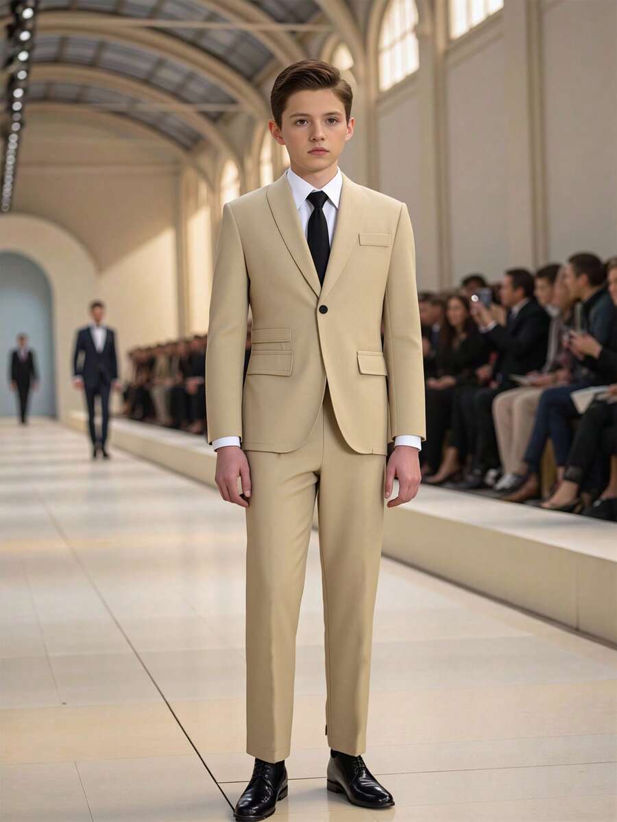 SHEIN 两件套青少年男童绅士套装 - 长袖外套+长裤西装,优雅正式的生日派对、婚礼、周年纪念、毕业典礼等场合着装 - 杏色 - 查看 1