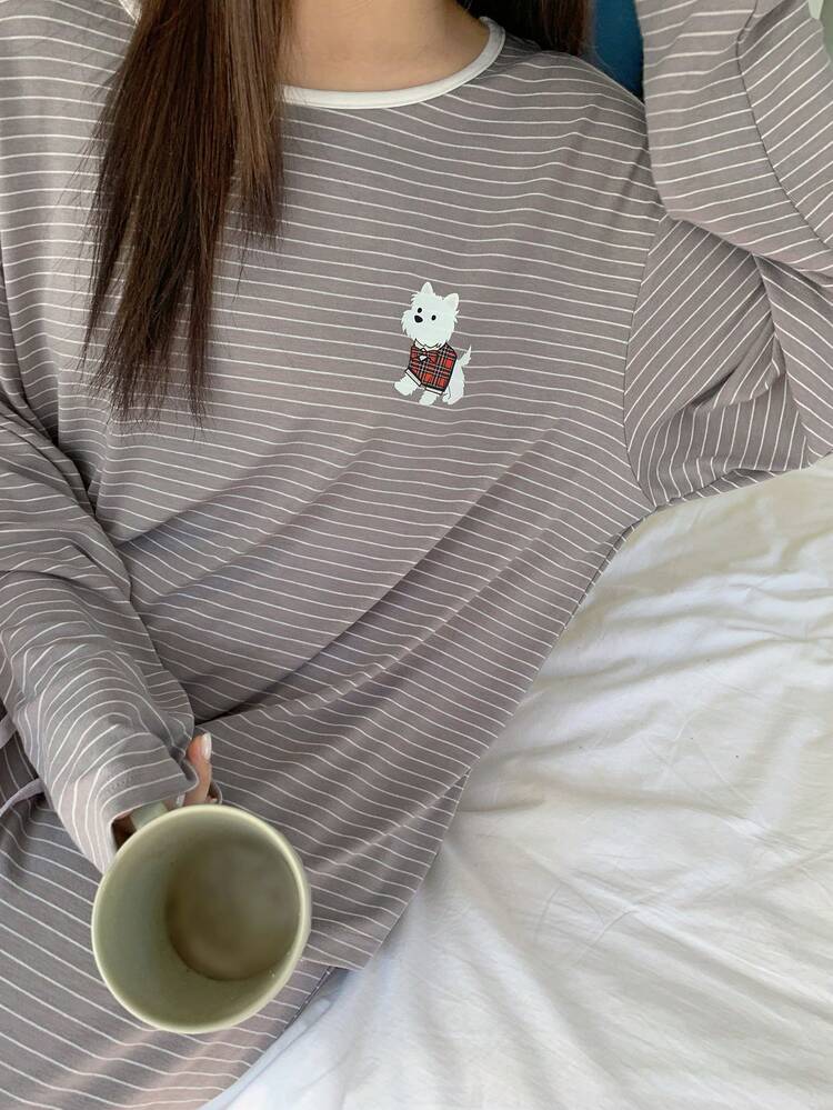 Dazy Plus 2pcs Plus Size Women Striped Loose Pajama Set, Cartoon Animal Print Pattern, Suitable For Spring & Autumn