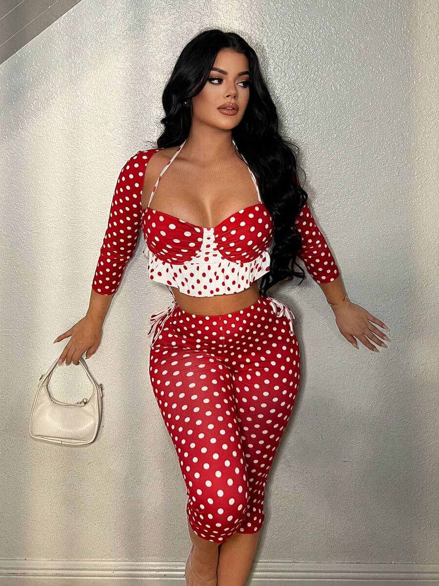 SHEIN SXY Valentine's Day Red Polka Dot Sexy Ruffle Hem 3/4 Pants Set,Spring ,Date ,Going Out ,Sexy ,Club  ,Spring ,Summer