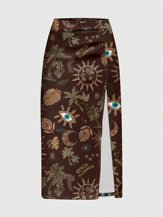 Fairycore Falda con abertura alta con estampado de árbol de coco, ojo, sol y luna, estilo vintage para mujer