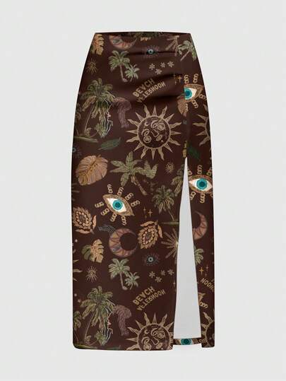 Fairycore Jupe fendue haute avec imprimé vintage de vacances, cocotier, œil, soleil et lune pour femmes