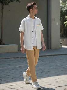 Vacaura Teen Boy Summer Casual Minimalist Front Button Textured Short Sleeve Shirt And Pants Set - Multicolor - View 5