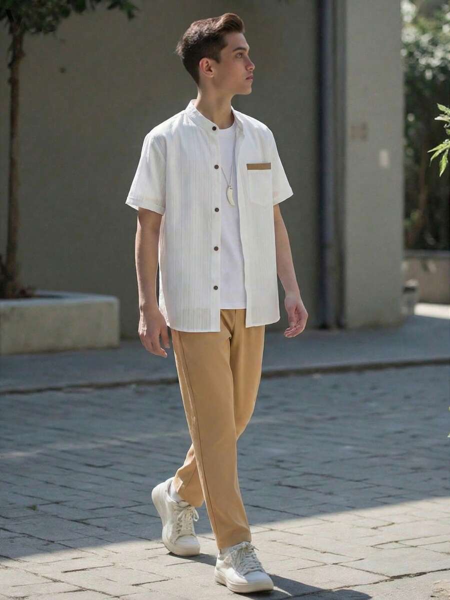 Vacaura 青少年男童夏季休闲简约前扣纹理短袖衬衫和裤子套装 - 彩色 - 查看 1