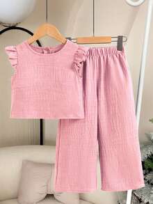 Elladie kids 女童纹理面料短袖纽扣后背T恤和休闲长裤两件套 - 粉色 - 查看 2