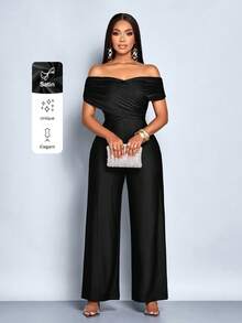 SOLERSUN Women's Elegant Solid Color Criss Cross Ruched Off Shoulder Jumpsuits - Black - View 7