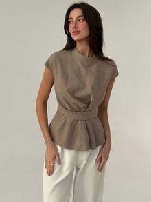 Aloruh Goddess Waist Pleated Flare Khaki Commuter Shirt - Khaki - View 4