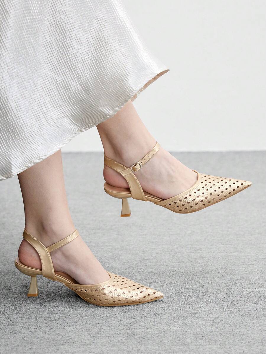 CUCCOO SZL Sapatos femininos de salto alto com bico fino e design vazado, versáteis para uso diário e ocasiões festivas. - Ouro - Ver 1