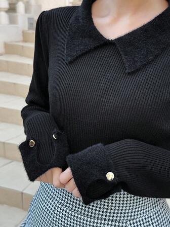 FRIFUL סוודר קז'ואל עם צווארון סגור בצבע אחיד לנשים עם שרוולים ארוכים ועיצוב כפתורים