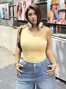 SHEIN EZwear 黄色加大码女士无袖修身时尚背心 - 黃色 - 查看 3