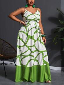 Slaydiva 2026 Plus Size Women Tropical Plant Print Sleeveless Dress, Vacation - Green - View 1