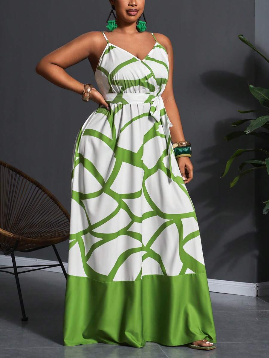 Slaydiva 2026 Plus Size Women Tropical Plant Print Sleeveless Dress, Vacation - Green - View 1