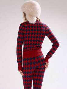 MUSERA Argyle Cross Knitted High Zip Neck Fitted Jumper Top Only Autumn Fall Winter Ski Vacation  Lounge Holidays Apres-Ski Aspen New Year Thanksgiving - Red - View 5