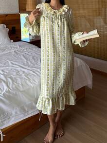 DAZY Women's Cute Ruffle Collar Striped Floral Print Nightgown - Yellow - View 7