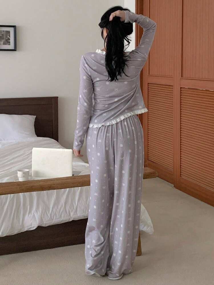 Sweet Butterfly & Ditsy Floral Contrast Color Ruffle Trim Women Pajama Set