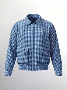 Manfinity Unisex Men's Fashion Plaid Embroidered Jacket Summer Jacket Plaid Jacket Men Crop Men S Shirt Men Jacket Cropped Jacket - Blue - View 8