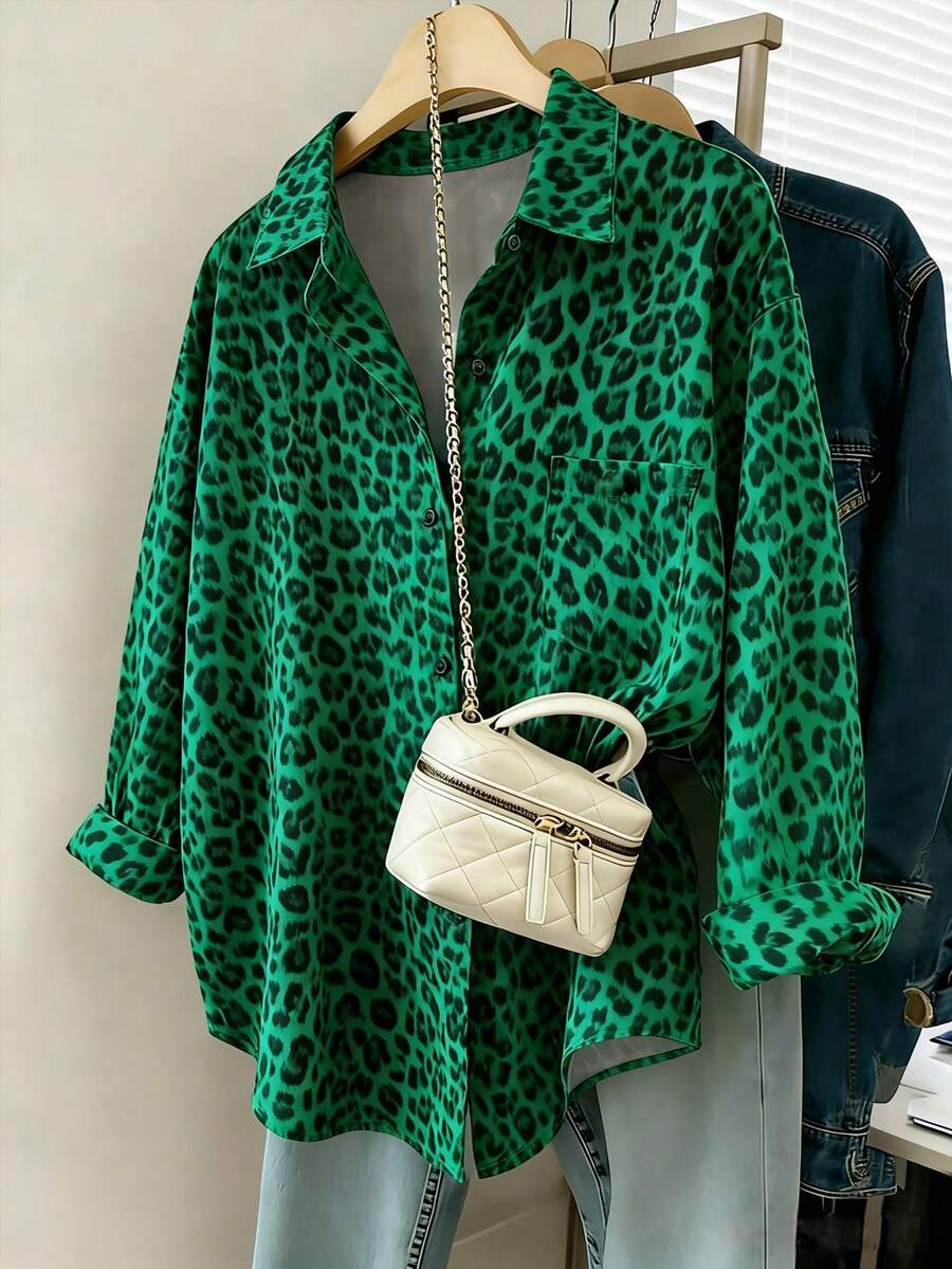 Franclia Camisa holgada de manga larga casual para mujer, con estampado de leopardo, sencilla y versátil para uso diario, otoño/invierno - Verde - Ver 1