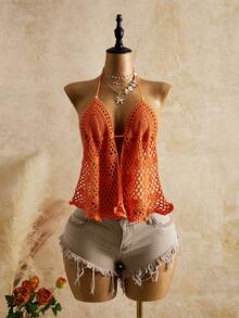 Bellisia Áo khoác ngoài mùa hè dành cho nữ, màu cam, phong cách Bohemian, đính cườm, cổ yếm. - trái cam - Xem 4