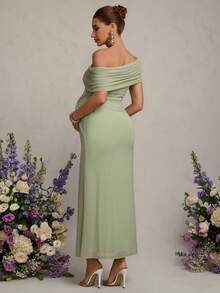 MaterniChic Maternity Clothes Maternity  Dress Summer Pregnant Clothes Green Maternity Dress, High-Elasticity, Off-Shoulder, Gathered, Long Dress, Comfortable And Elegant For Valentine's Day - Green - View 2