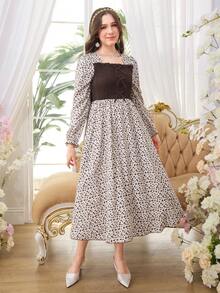 SHEIN Đầm dệt hoa thanh lịch với tay phồng và cổ vuông, đầm đi nghỉ mát thường ngày dành cho nữ sinh tuổi teen, mùa xuân/thu. - Màu be - Xem 6