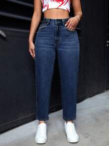 SHEIN PETITE 女士休闲口袋锥形多用途牛仔裤 - 深色水洗藍 - 查看 6