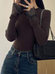 DAZY Sweater Pullover Slim Fit Wanita Kasual untuk Berpergian, Motif Renda Kontras, Musim Gugur/Dingin - Coffee Brown - View 5