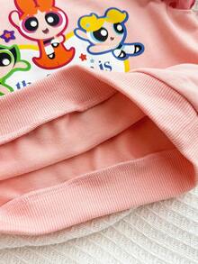 THE POWERPUFF GIRLS X SHEIN 女婴休闲日常通勤可爱卡通爱心标语印花宽松圆领卫衣和喇叭裤套装，春秋季
