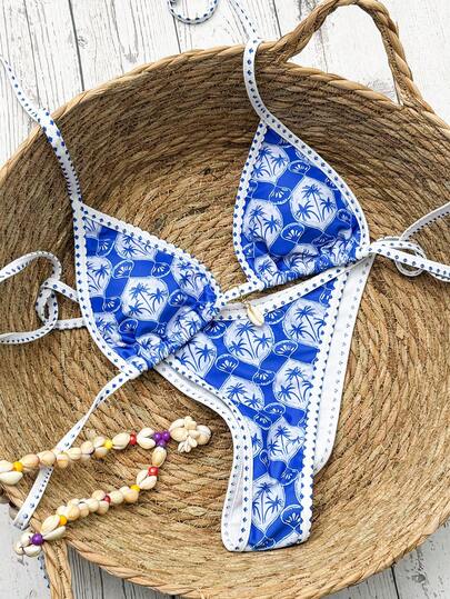 Swim Mod Summer Fashionable Sexy Printed Drawstring Matching Shell Decor Design Bikini Set