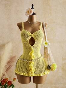 Bellisia 女士镂空钩编荷叶边下摆罩衫连衣裙，适合夏季度假 - 鵝黃色 - 查看 4