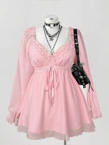 Sunspun Áo kiểu thời trang cỡ lớn dành cho nữ, cổ chữ V phối ren, thắt eo. - Hồng - Xem 2