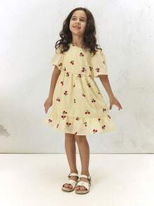 SUMWON Mädchen Kirschblüten-Muster Kleid mit Rüschenärmeln, Empire-Taille und Rüschensaum, perfekt für Frühling Sommer Lässig Lässig, festliche Anlässe, Urlaub - Gelb - Übersicht 5