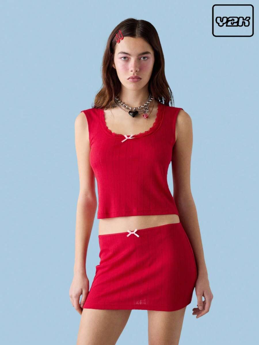 COUREZ Pointelle Jersey Tube Mini Skirt Y2K Vintage - Red - View 1