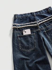 ROMWE MEN Street Life Men's Loose Fit Denim Shorts With Sparkling Diamond Waistband - Dark Wash - View 5