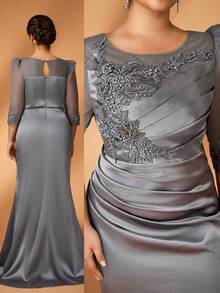 Serin Váy xẻ tà thấp bằng vải satin màu xám than sang trọng, thanh lịch cỡ lớn, thêu hạt cườm, viền đuôi cá, thích hợp cho dạ hội, tiệc độc thân, hẹn hò, vũ hội, kỳ nghỉ, đám cưới, mẹ cô dâu, khách - Màu xám đen - Xem 10