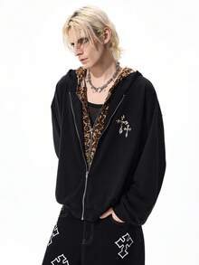 ROMWE MEN Street Life Sweatshirt Hoodie Pria Motif Leopard dengan Tudung Ganda - Hitam - View 7