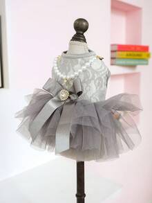PETSIN 1 Piece Of Clothing For Cats/Dogs, Decorated With Pearl Necklace Dress, Spring And Summer Pet Gray Fluffy Gauze Skirt - Grey - View 12